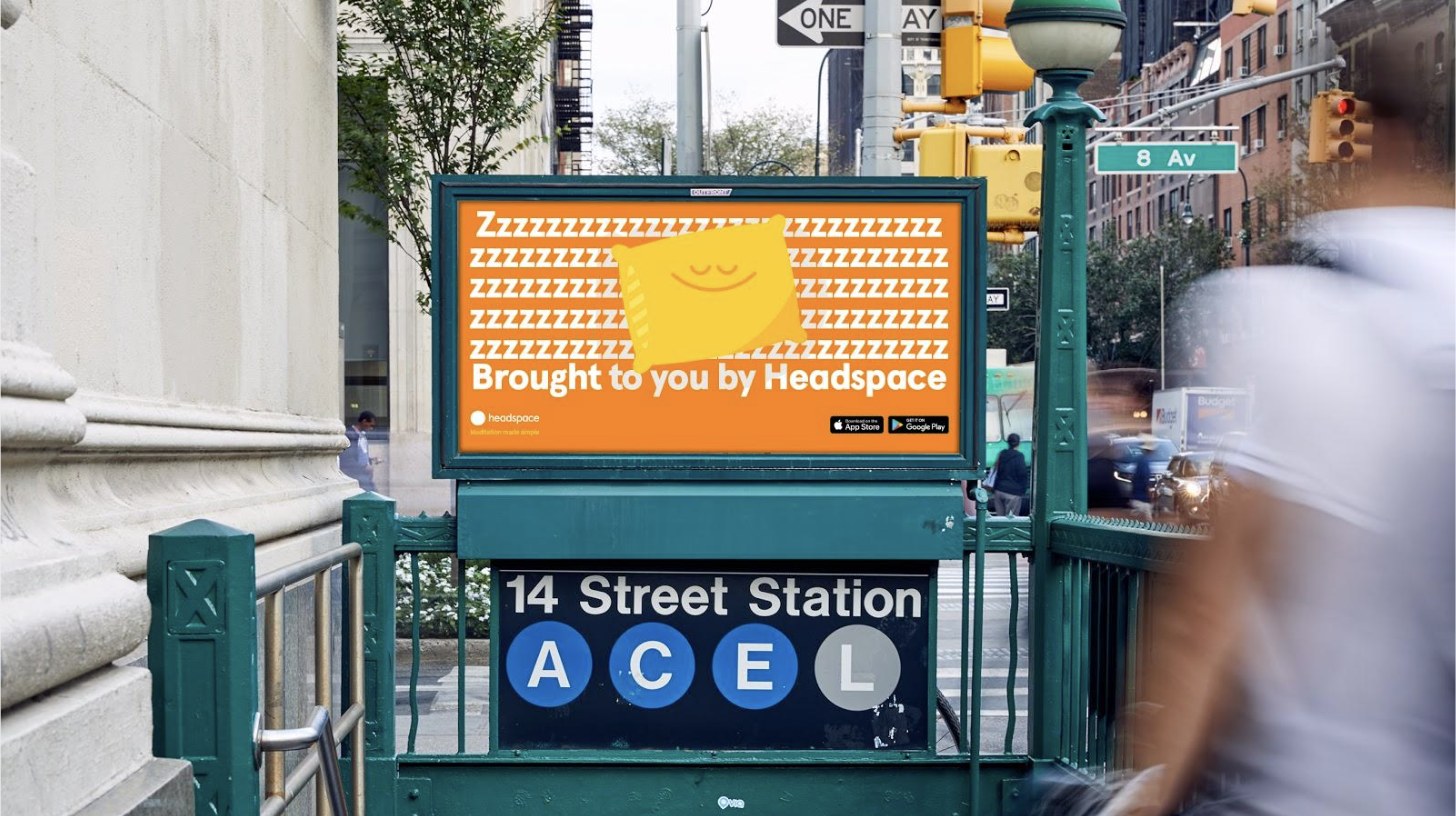 Headspace 'Meditation Made Simple' billboard at the 14th Street subway station, NYC