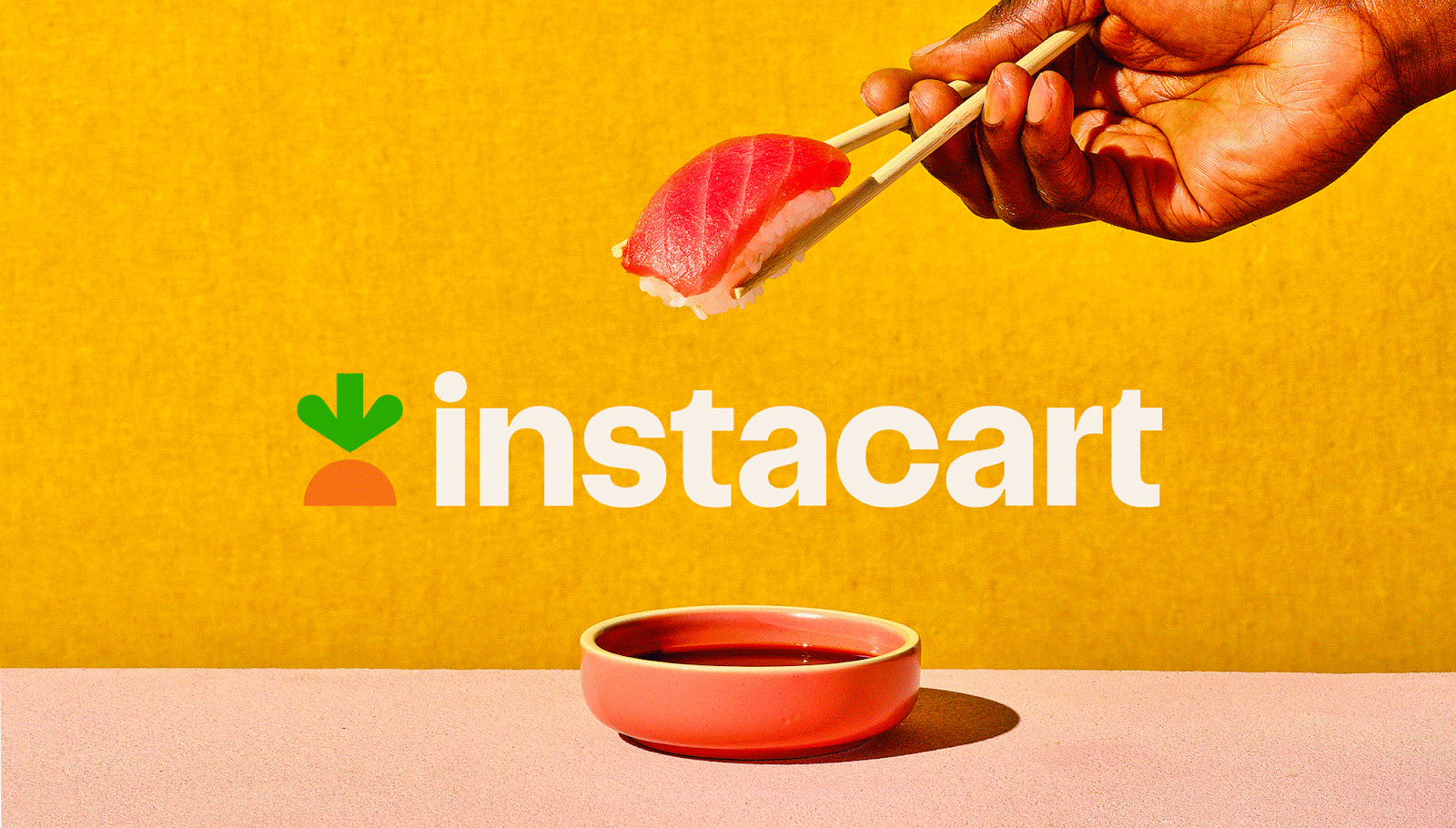 Instacart brand campaign creative — sushi and soy sauce dish against a yellow background with the Instacart logo