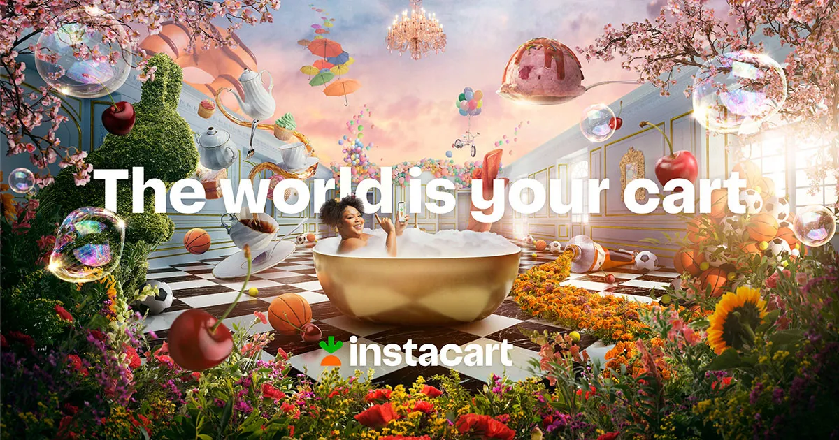 Instacart's 'The World Is Your Cart' brand campaign featuring Lizzo in a whimsical, maximalist scene